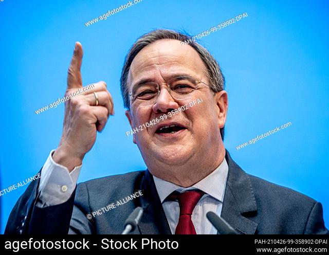 26 April 2021, Berlin: Armin Laschet, CDU Federal Chairman and Minister President of North Rhine-Westphalia, speaks at a press conference after the committee...