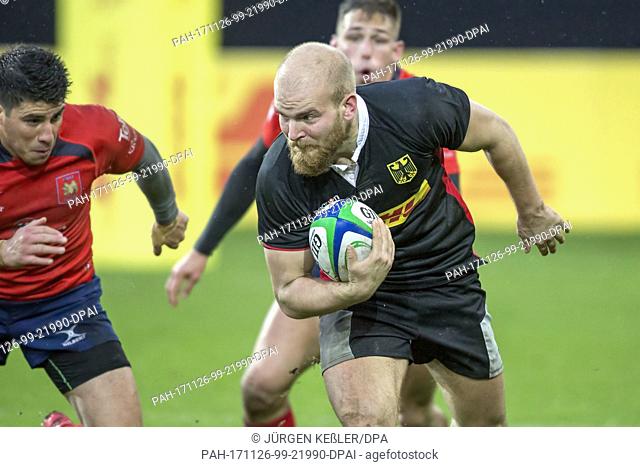 Germany's Robin Pluempe (2) in action during the rugby international match between Germany and Chile in Offenbach, Germany, 25 November 2017