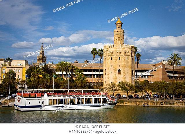 Andalusia, Spain, Seville, Torre del Oro, Giralda, boat, ship, traveling, tourism, vacation, holidays