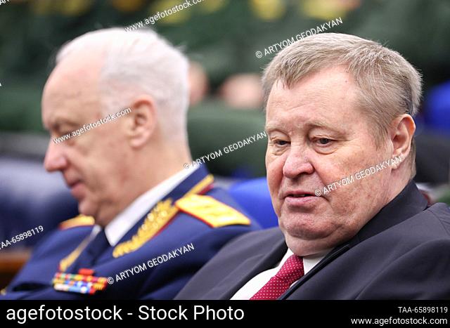 RUSSIA, MOSCOW - DECEMBER 19, 2023: Presidential Envoy to Russia's Southern Federal District Vladimir Ustinov (R) attends an expanded meeting of the Russian...