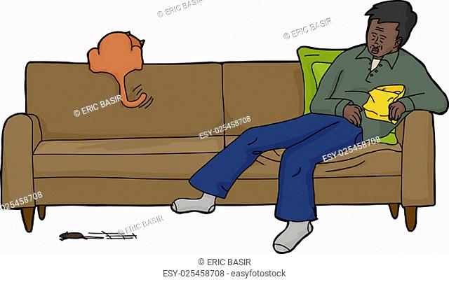 Cartoon of isolated man with cat chasing mouse