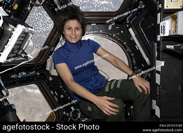 ESA (European Space Agency) astronaut and Expedition 67 Flight Engineer Samantha Cristoforetti is pictured inside the seven-windowed cupola