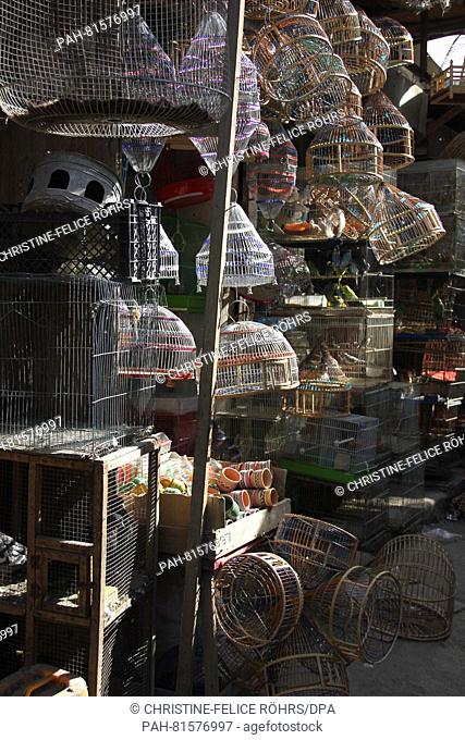 Numerous bird cages hang and lie at a stand at the bird market in the old town of Kabul, Afghanistan, 09 June 2016. Around 150 small shops