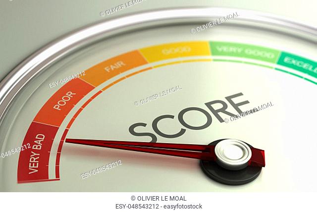 3D illustration of a conceptual gauge with needle pointing to very bad scoring. Business credit score concept