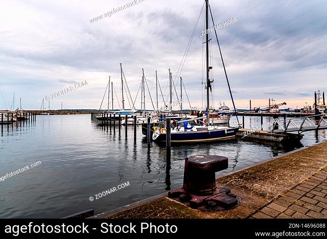 Sassnitz, Germany - August 1, 2019: Scenic view of sailing boats moored in the harbour. Sassnitz is a small town located in Rugen Island