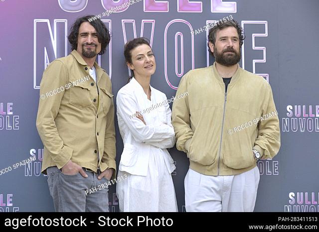 Marco Cocci, Barbara Ronchi and director Tommaso Paradiso attends the photocall of the movie Sulle Nuvole at The Space Cinema Moderno in Rome
