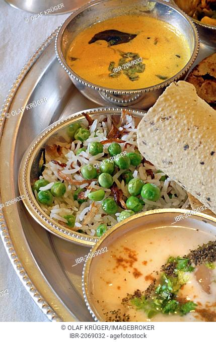 Rajasthani thali served on a silver tray, Narain, Niwas Heritage Hotel, Jaipur, Rajasthan, North India, India, Asia