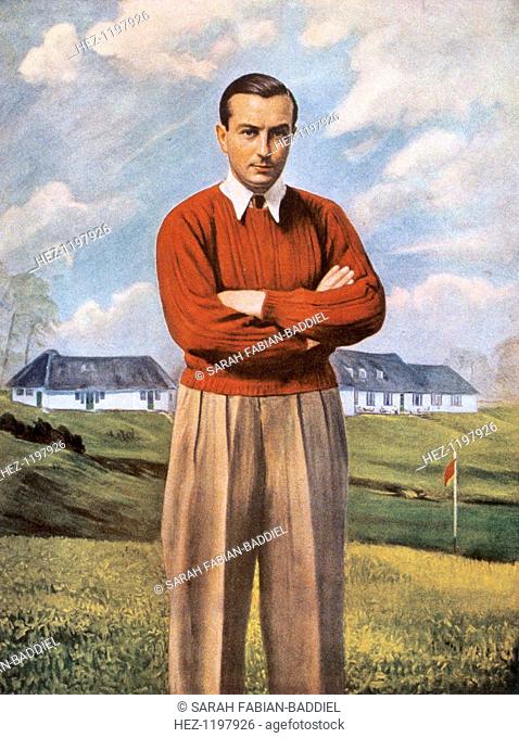 Portrait of Henry Cotton (1907-87), with Ashridge golf club in background, c1940s
