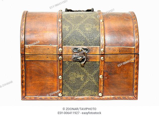 old closed treasure wooden box isolated over white
