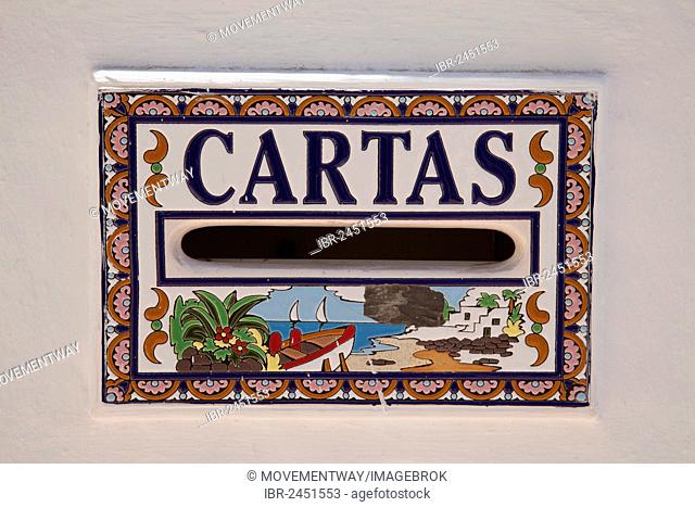 Letter slot with azulejos, Nerja, Costa del Sol, Andalusia, Spain, Europe, PublicGround