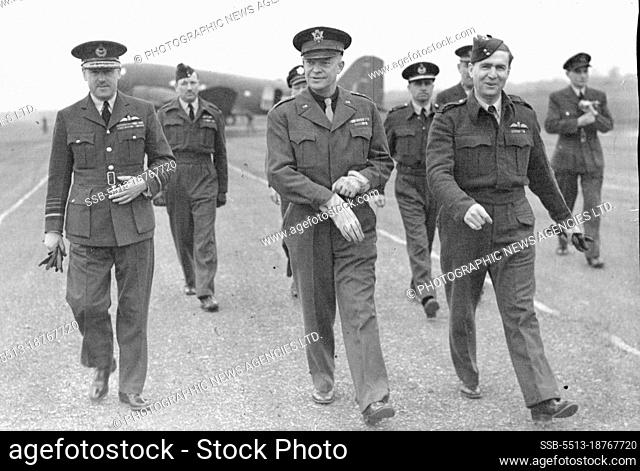 General Eisenhower Inspects R.A.F. Bomber Wing.Air Chief Marshal Sir Trafford Leight-Mallory (left), general Eisenhower (centre) and group Captain Dunlap...