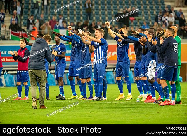 Gent's players celebrate after winning a soccer game between Belgian team KAA Gent and Polish team Rakow Czestochowa, Thursday 26 August 2021 in Gent