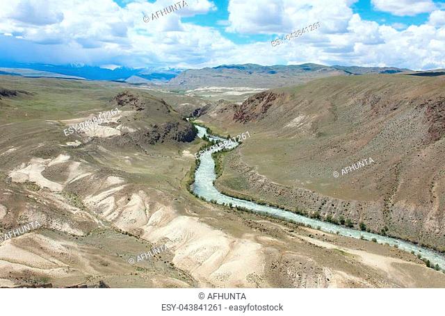 Fluvial terrace in Central Asia in the Altai. The result of glacial and river erosion.Photo illustrates well the geological processes
