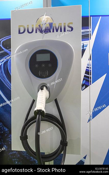 Pontiac, Michigan - Electric vehicle charging equipment was on display at the Motor Bella auto show. Dunamis is a Detroit startup that will make both home and...