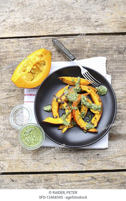Grilled pumpkin wedges with pesto
