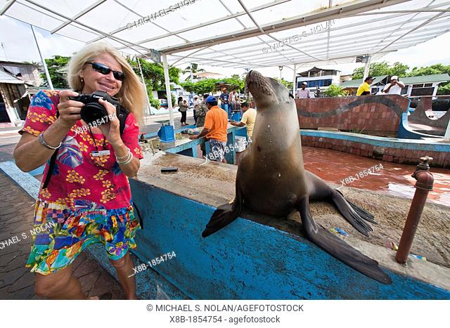 Photographer CT Ticknor from the Lindblad Expedition ship National Geographic Endeavour at the fish market in Puerto Ayora on Santa Cruz Island in the Galapagos...