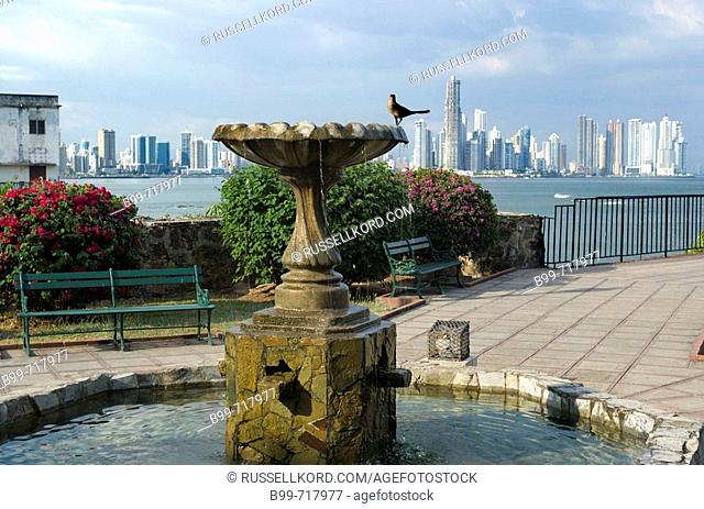 Fountain Skyline, Waterfront Park Casco Antiguo San Felipe Panama City Republic Of Panama