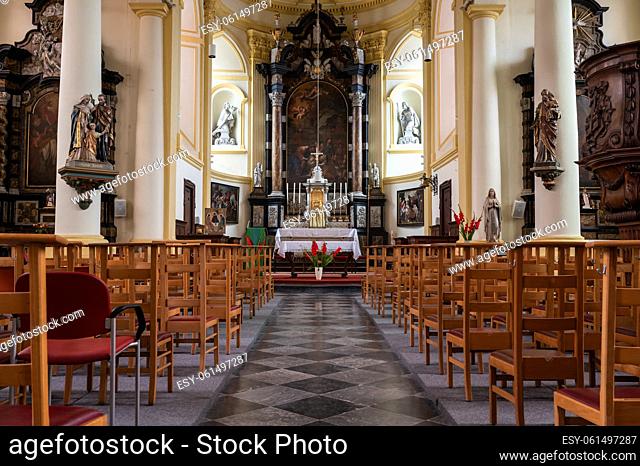 Bossut, Wallon Region, Belgium - 08 21 2022 - Gothical interior design of the local catholic Our lady church
