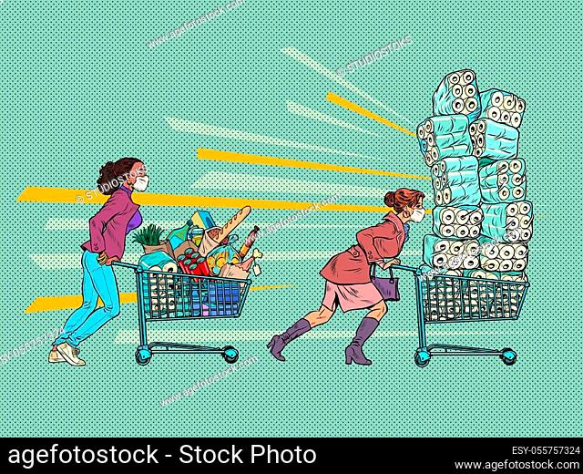 panic epidemic masked women in a supermarket. Pop art retro vector illustration kitsch vintage 50s 60s style