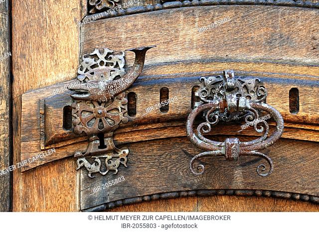 Door knocker and door handle on a gate, 15th Century, Salzmarkt street, Koenigsberg, Lower Franconia, Bavaria, Germany, Europe