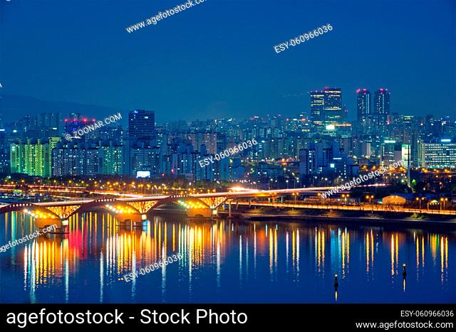 Seoul night view over Han river illuminated in the evening. Seoul, South Korea