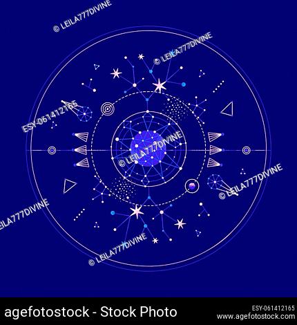 Mysterious space round composition with planets and stars. Vector illustration on theme of astrology, astronomy, esotericism. Cosmic art