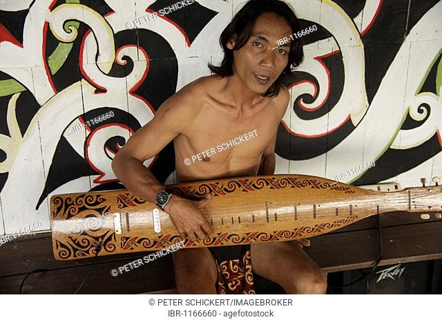 Iban musician playing a traditional instrument, in the Sarawak Cultural Village near Kuching, Sarawak, Borneo, Malaysia, Southeast Asia