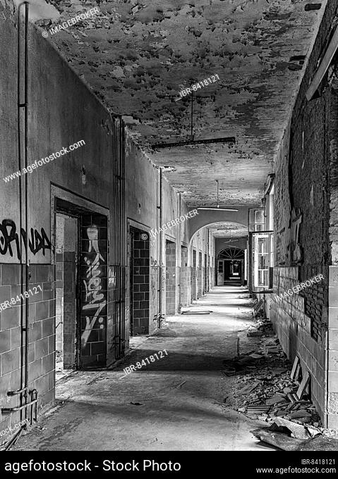 Lost Place, Abandoned Ruin, Black and White, Interior, Lung Clinic and Sanatorium, Beelitz, Brandenburg, Germany, Europe