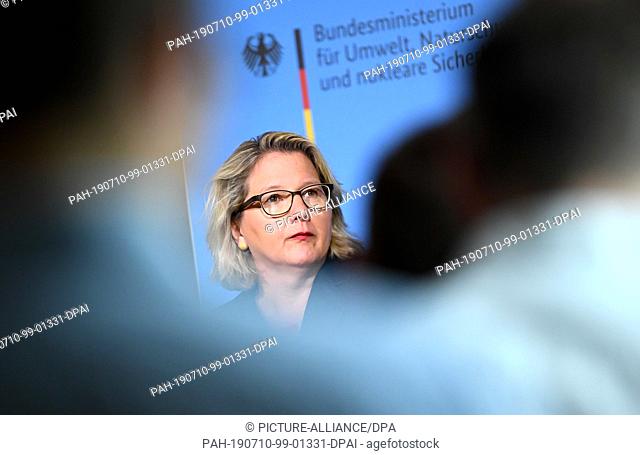 10 July 2019, Berlin: Svenja Schulze (SPD), Federal Environment Minister, speaks at a press conference on the results of the independent assessment of NO2...