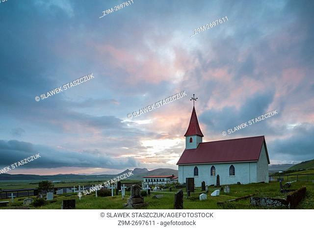 Sunset at Reyniskirkja church near Vik, Iceland