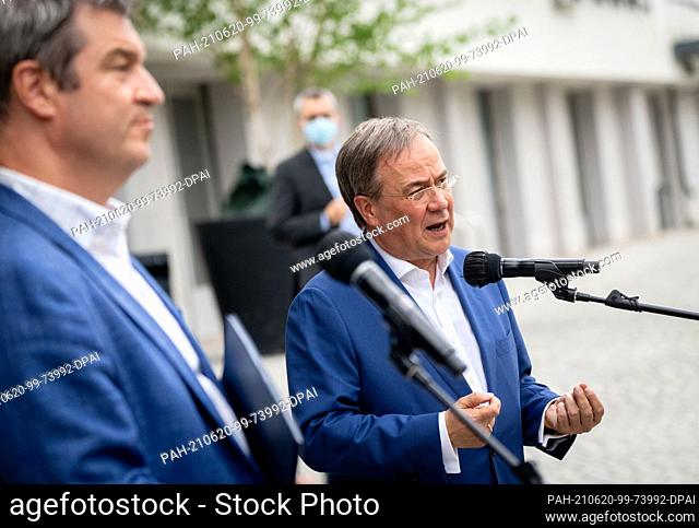 20 June 2021, Berlin: Armin Laschet, CDU candidate for Chancellor, CDU Federal Chairman and Minister President of North Rhine-Westphalia, and Markus Söder (l)