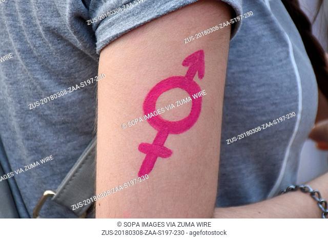 March 8, 2018 - Mexico City, Mexico, Mexico - A symbol representing male/female seen during the protest. Women from various organizations gathered at 'Angel de...