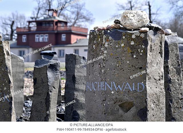 11 April 2019, Thuringia, Weimar: A stele with the inscription ""Buchenwald"" stands on the former roll-call square, recorded on the day of the commemoration of...