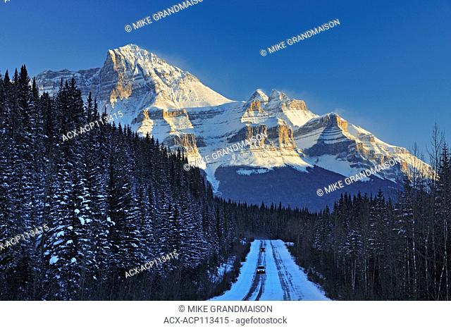 The Icefields Parkway in the Canadian Rocky Mountains in evening light, Banff National Park, Alberta, Canada