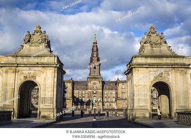 Main entrance to the Royal Stables with the two Rococo pavilions, Christiansborg Palace, a palace and government building on the islet of Slotsholmen