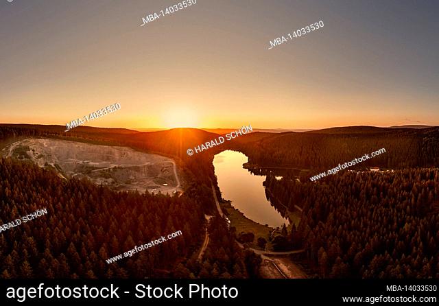 germany, thuringia, oberhof, lütschetalsperre, forest, mountains, quarry, sunrise, aerial view