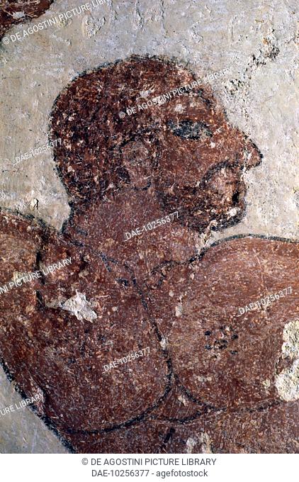 Male face, fresco detail from Cardarelli Tomb, Necropolis of Tarquinia (Unesco World Heritage List, 2004), Lazio, Italy. Etruscan civilisation, 6th century BC