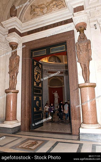 View from the Hall of the Greek Cross into the Sala Rotonda, Telamon's statues, Antinous Telamoni, Vatican Museums, Vatican, Rome, Lazio, Italy, Europe
