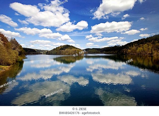 Agger Dam, mirror image, Germany, North Rhine-Westphalia, Bergisches Land, Gummersbach