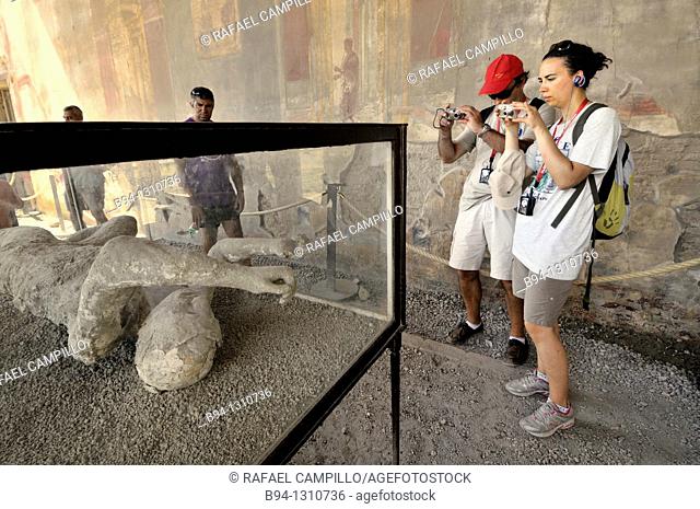 Pompeii, human remains buried. Roman town buried in AD 79 by ash flows from Vesuvius volcano. UNESCO world heritage site
