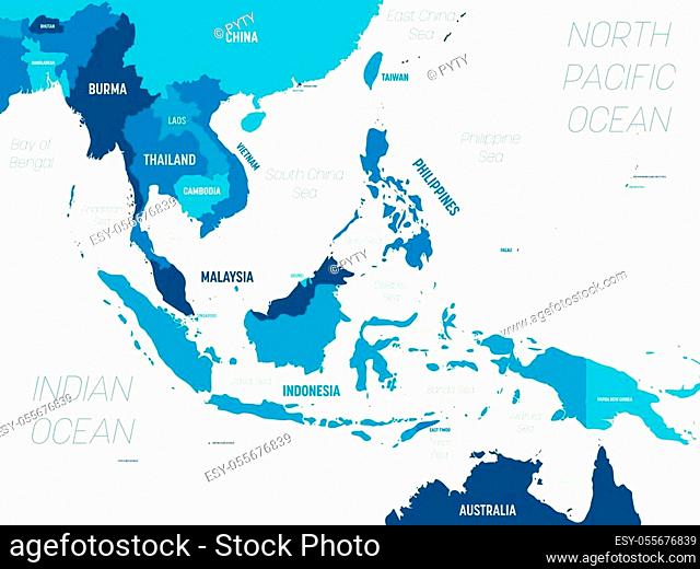 Southeast Asia map - green hue colored on dark background. High detailed political map of southeastern region with country, capital
