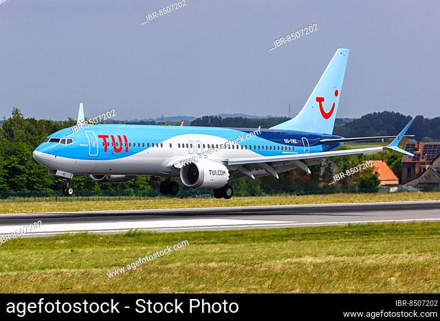 A Boeing 737 MAX 8 aircraft of TUI Belgium with registration number OO-TMZ at Brussels Airport, Belgium, Europe