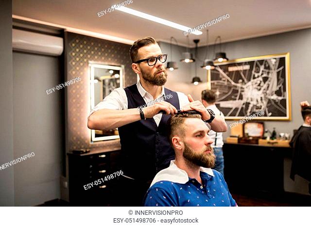 Portrait of hairdresser combing customer hair