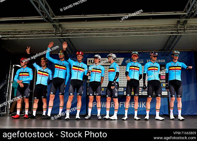 Belgian riders pictured at the start of the men elite road race at the UCI World Championships Cycling, 272, 1km from Edinburgh to Glasgow, Scotland