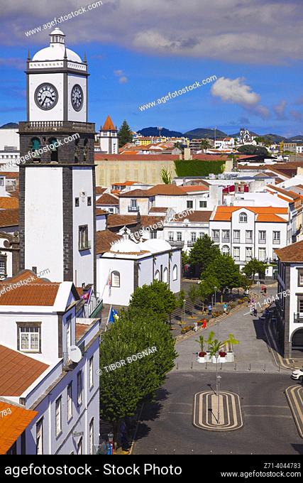 Portugal, Azores, Sao Miguel Island, Ponta Delgada, Praca do Municipio, skyline, Igreja Matriz,