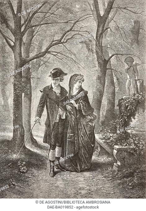 Poor love, two lovers in a park, engraving based on a painting by Francois-Claudius Compte-Calix (1813-1880), from L'Illustrazione Italiana, No 31, August 5