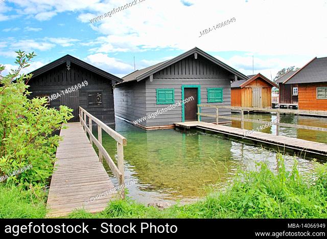 germany, upper bavaria, 5-seenland, starnberger see, starnberg, boathouses, footbridge, wooden footbridge