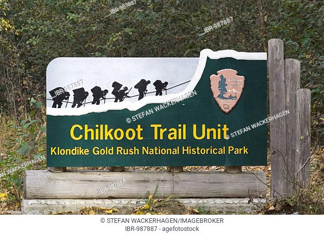 Official Chilkoot Trail pass sign, national historic park, Klondike Gold Rush, Dyea, Alaska, USA, North America