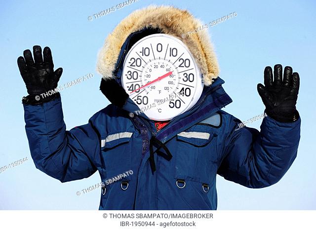 Thermometer face indicating below minus 40 degrees Celsius in winter in the Arctic, Hudson Bay, Wapusk National Park, Manitoba, Canada