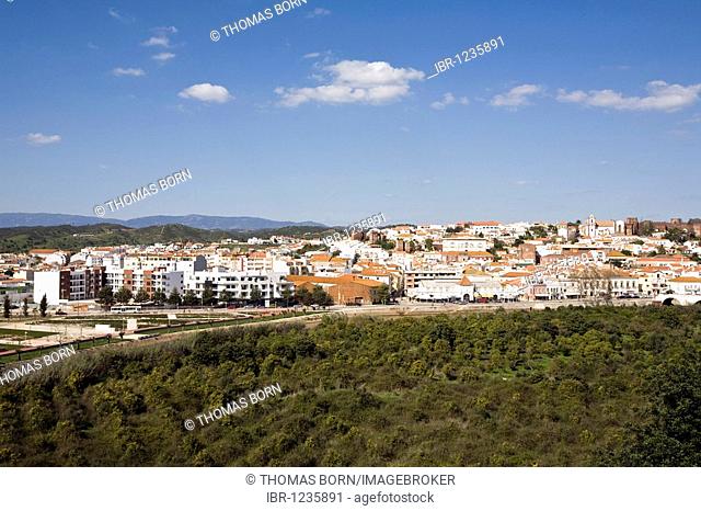 City view with castle, cathedral, Roman bridge and the sandstone crafted Castelo dos Mouros of the 9th-12th century, Silves, Portugal, Europe